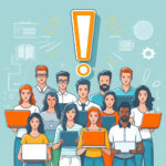 Millorar les condicions coordinadors digitals és urgent. imatge d'un grup de persones amb diferents rols dins una escola (professors, alumnes, personal administratiu) tots amb ordinadors portàtils o tauletes, amb un gran signe d'exclamació digital sobre ells