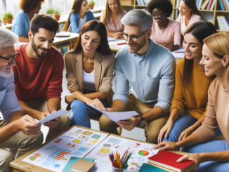 Foto d'un grup divers de professors asseguts junts en una aula, immersos en una discussió amb un sentiment de camaraderia.