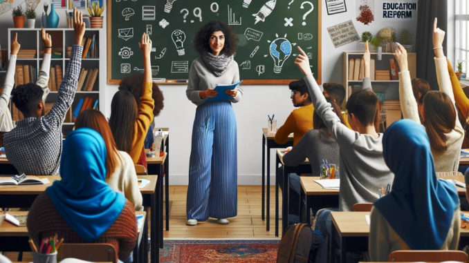 imatgeCOCOBE Fotografia d'una aula plena d'estudiants de diversos orígens, immersos en una lliçó. L'aula és lluminosa i colorida, amb pòsters educatius