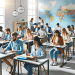 Aula moderna i lluminosa plena d'estudiants adults de diverses procedències participant activament en una classe de llengua, amb taules rodones i material educatiu modern