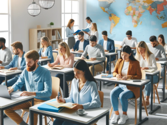 Aula moderna i lluminosa plena d'estudiants adults de diverses procedències participant activament en una classe de llengua, amb taules rodones i material educatiu modern