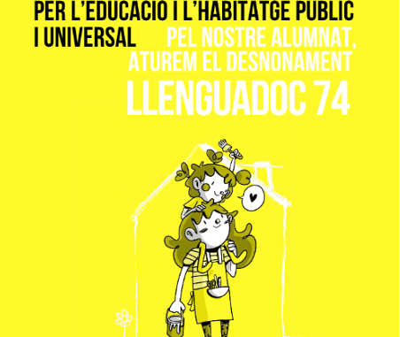 Cartell de la convocatòria del dimecres 7 d'octubre a les 8 h al carrer Llenguadoc 74 per aturar el desnonament pel dret a l'educació i a l'habitatge públic i universal